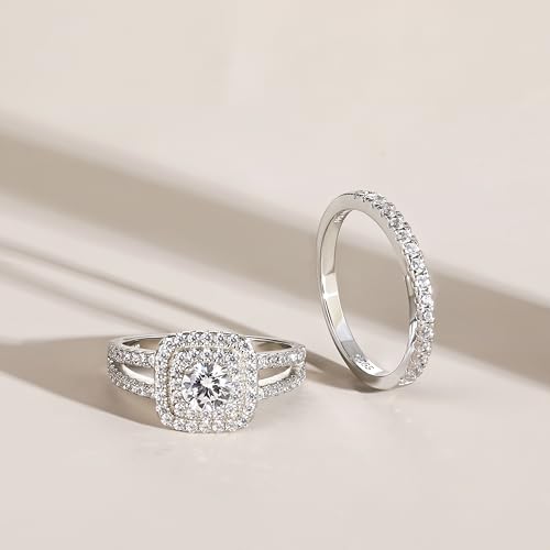 925 Sterling Silver Bridal Rings Sets for Women Halo Cubic Zirconia Engagement Ring Wedding Band Size 4-12.52