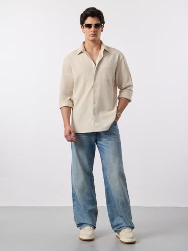Image of The Souled Store Cotton Linen: Men and Boys Long Sleeve Spread Collar Solid Cotton Relaxed Fit Easy to Style Everyday Office Wear Cotton Linen Shirts