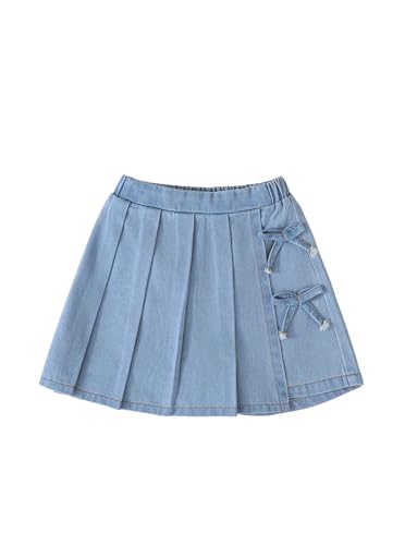 Ecolala Girls Jean Skirt Cute Summer Elastic Waist Bow Denim Pleated Mini Skort Blue 13-14 Years