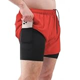 [saliwind] ショートパンツ メンズ ランニングパンツ 短パン インナー付き ポケットあり 通気速乾 ストレッチ ウェストゴム 夏用 スポーツ ジム 筋トレ フィットネス 水陸両用 ハーフパンツ 快適 (レッド,S)