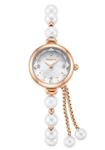 Reginald Women’s Pearl Bracelet Watch ,Petite 22mm Dress Watch with Small Dial, Quartz Analog Wrist Watch with Adjustable Slider Clasp, Elegant Dainty Watch for Women (Rose Gold)