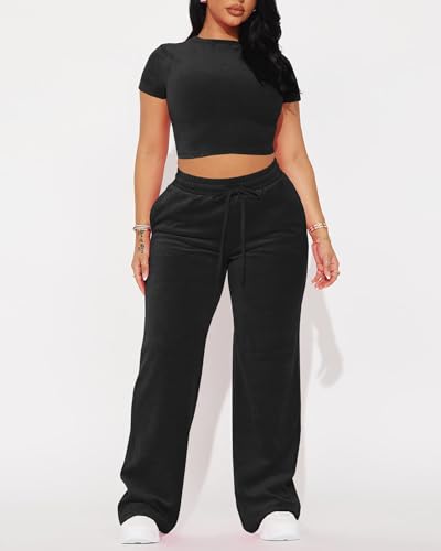 SMSN Women 2 Piece Outfits Velvet Sweatsuit Set Casual Short Sleeve Pullover Tops and Wide Leg Sweatpant Tracksuit Sets2