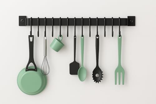 Image of Wall Mounted Kitchen Rail for Utensils - 17 Inch Black Iron Hanging Rack with 15 S-Shape Hooks | Heavy Duty Pot, Pan, Tawa & Spatula Organizer | Space-Saving Cookware Storage Bar for Kitchen