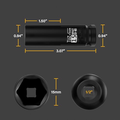 Image of 1 /2 Inch Drive 15mm Deep Metric Impact Socket,CR-MO,6 Point Radius Corner Design,Square Chamfered Opening,Axle Nut Impact Grade Socket for Easy Removal