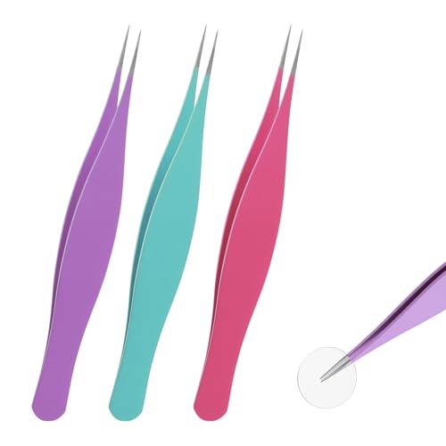 3 Stück Pinzette Spitz Pinzette für Eingewachsene Haare Edelstahl Präzisionspinzette für Frauen und Männer Spitze Nadelpinzette zum Entfernen von Gesichtshaaren und Mitessern (Blau Lila Rosa)