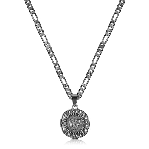 KissYan Initial Necklaces for Women, Black Tone Round Letter Pendant Capital Monogram Necklace Alphabets from A-Z Figaro Chain Jewelry(Black W)