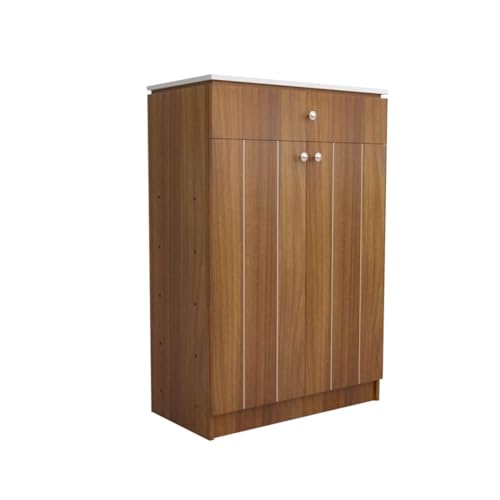 Image of Amazon Brand - Solimo Eva 2 Door Shoe Cabinet | Engineered Wood | Footwear Organizer with 1 Drawer and 4 Shelves | Wooden Shoe Rack for Home & Office | 12 Months Warranty | Leon Teak