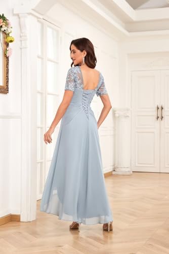 BOLENSYE Tea Length Mother of The Bride Dresses for Wedding Chiffon Lace Ruched Formal Evening Party Gown with Sleeves2