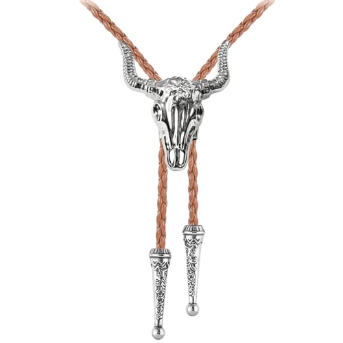 Image of GelConnie Longhorn Bull Bolo Tie for Men Native American Western Cowboy Leather Necktie Bolo Necklace for Women Gold Texas