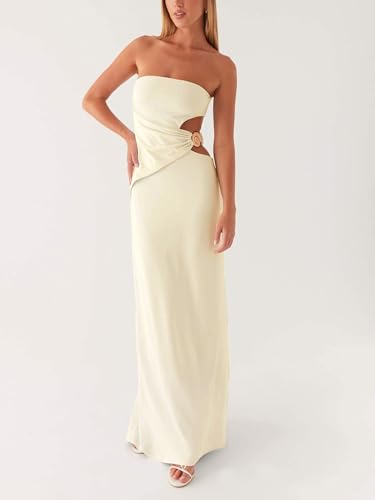 Image of Cut Out Maxi Tube Dresses for Women Sexy Y2k Strapless Backless Bodycon Long Dress Summer Sleeveless Hollow Sundress