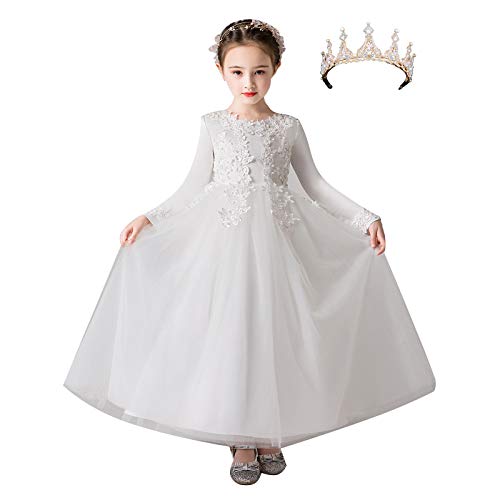 amropi Niñas Vestido de Princesa Fiesta Boda Flor Bordado Largo Manga Tul Vestidos + Corona Blanco, 11-12 años