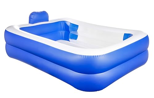 Aufblasbarer Pool 200x150x50cm mit Kopfstütze & Sichtfenster – 440L Familienpool Blau/Weiß für Garten, Balkon & Terrasse – mit Ablaufventil & Reparaturflicken