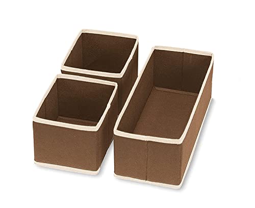 Image of Foldable Set of 3 Cloth Storage Box Closet Dresser Drawer Organizer Cube Basket Bins Containers Divider with Drawers for Underwear, Bras, Socks, Ties, Scarves (Set of 3 - Brown)
