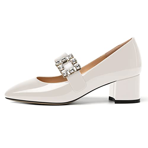 NUMALEO Womens Rhinestone Wedding Square Toe Dress Patent Ankle Strap Solid Bungee Chunky Low Heel Pumps Shoes 2 Inch2