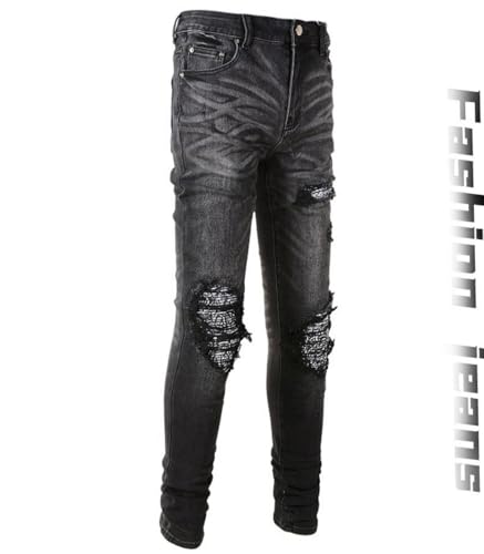 Jeans Pants Trousers Denim Men Street Trendy Stretch Slim Fit Black Pierced Retro Embroidered Casual Small Straight Leg(Black,31)2