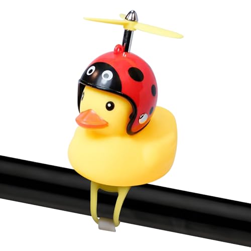 Duck Bike Bell Rubber Duck Cute Bicycle Bell with LED Light and Propeller Bike Decorations Accessories Bike Handlebar Bell Duck on a Bike for Kids Toddler Sports Outdoor Duck Toys