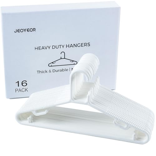 JEOYEOR Heavy Duty Plastic Clothes Hangers with Hooks - Non-Slip Durable Hangers for Thick Coats, Jackets, Dresses, Suits & Blouses - Bulk Wardrobe Storage for Home & Commercial Use (16, White)