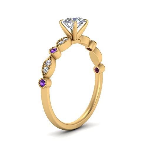 Image of Choose Your Gemstone Vintage Scalloped Diamond CZ Ring Yellow Gold Plated Round Shape Milgrain Engagement Rings Matching Jewelry Wedding Jewelry Easy to Wear Gifts US Size 4 to 12