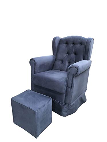 Poltrona de Amamentação Balanço e Puff Livia Veludo Azul