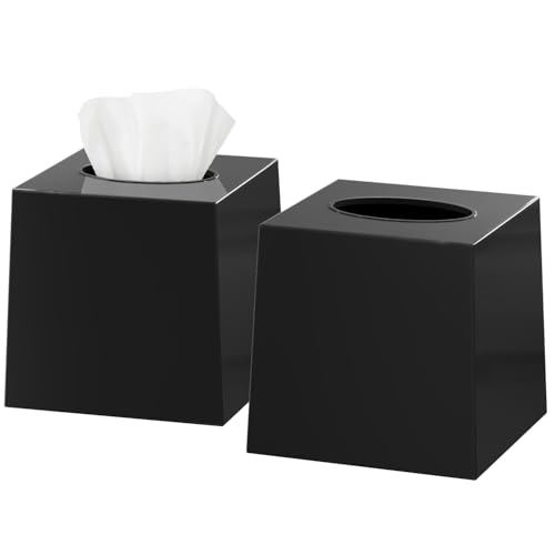 Creative Scents Black Tissue Box Cover Square - 2 Pack Plastic Cube Tissue Holder Dispenser - Decorative Facial Tissue Box Holder for Living Room, Office Desk - Vanity Countertop (5.5" x 5.5" x 5.6")