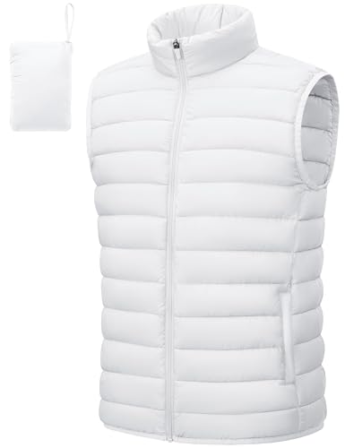 Cotrasen Mens Lightweight Puffer Vest Packable Water-Resistant Outerwear Winter Zipper Puffy Sleeveless Jacket for Casual Pure White M