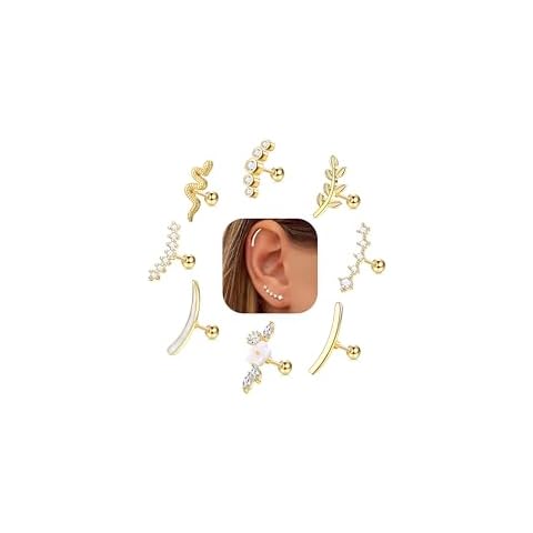 FIBO STEEL 8 PCS 16G Cartilage Earrings Helix Piercing Jewelry for Women Stainless Steel Opal CZ Conch Daith Tragus Piercing Jewelry Flower Snake Leaf Screw Back Stud Earrings Set Gold Tone Cover