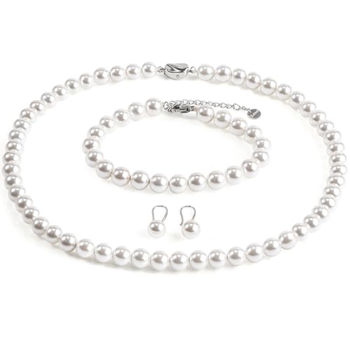 AOOVOO Pearl Necklace and Earring Set, 18 Inch Pearl Necklace