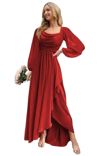 GATMAHE Chiffon Long Sleeve Bridesmaid Dresses for Women Ruffles Cowl Neck A Line Formal Dress with Slit
