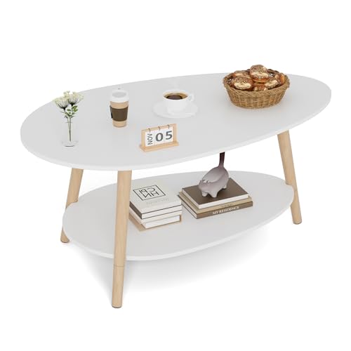 BonVache Table de Thé en Bois Massif, Table de Salon Ovale à Double Niveau, Table Ronde pour Salon, Table Basse, Table d'Appoint, Table à Thé, Blanc