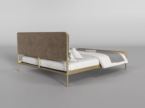 Image of Modern Upholstered Queen Size Bed for Bedroom | Metal Double Bed | Platform Cot Bed with Upholstery Premium Fabric | 6.5 x 5 Ft | Powder Coated Metal Beds | Beige