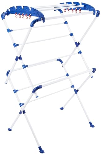Happer Premium Clothes Stand for Drying with Wheels | Foldable Portable | 2 Layer Rack for Balcony | 13 Hanger Rods and 10 Additional Hooks | Anti Rust Steel Metal (White Blue | Sumo) Happer Premium Clothes Stand for Drying with Wheels | Foldable Portable | 2 Layer Rack for Balcony | 13 Hanger Rods and 10 Additional Hooks | Anti Rust Steel Metal (White Blue | Sumo)