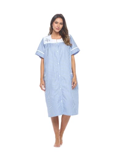Image of Casual Nights Women's Snap - Front House Dress Short Sleeve Woven Housecoat Duster Lounger Robe with Pockets