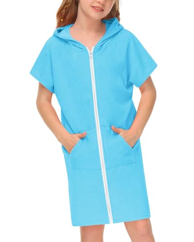 BesserBay Poncho de baño infantil de manga corta con capucha, poncho de surf, toalla de rizo con cremallera y bolsillos, unisex 120-160, azul, 120 cm