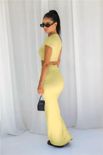 Image of Two Piece Skirt Set for Women 2 PC Y2K Outfits Short Sleeve Crop Tops Bodycon High Waist Long Maxi Skirts