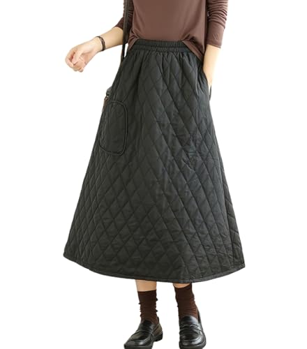 chouyatou Womens Winter Warm Elastic Waist Padded Quilted Midi Long Puffer Insulated Skirt with Pocket