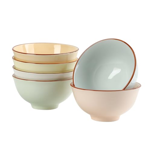 Cereal Bowls Ceramic Bowl Set - Soup Bowls Set of 6 with Candy Hue - Colorful Kitchen Bowls for Serving Salad | Oatmeal | Ramen | Pho | Noodle - Microwave and Dishwasher Safe - 6.25 W x 3 H - 23 OZ