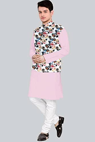 Image of Os Men's & boy kurta pyjama set with nerhu jackets (Multi printed) in cotton (baap beta|father son|)
