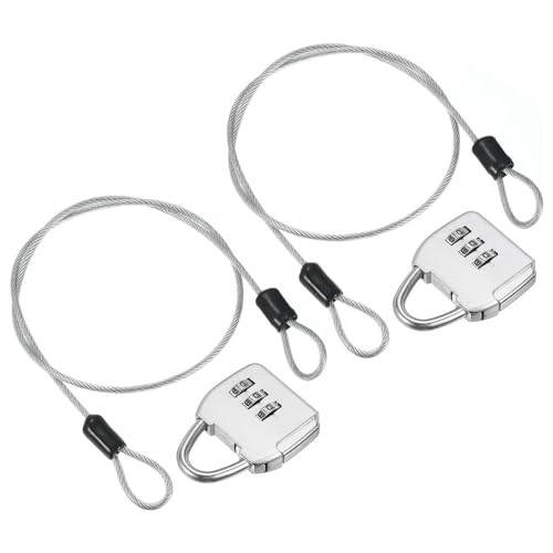 Image of PATIKIL Security Steel Cable with 3 Digit Combination Lock, 2 Set Travel Padlock 3Ft Coated Safety Wire Rope Double Loop for Luggage Suitcase, Silver