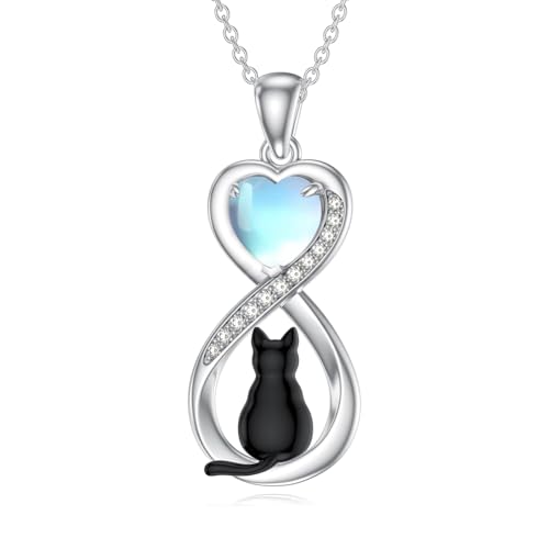 Moonstone Black Cat Necklace for Women 925 Sterling Silver Infinity Black Cat Pendant Moonstone Jewelry Gifts for Mom Wife