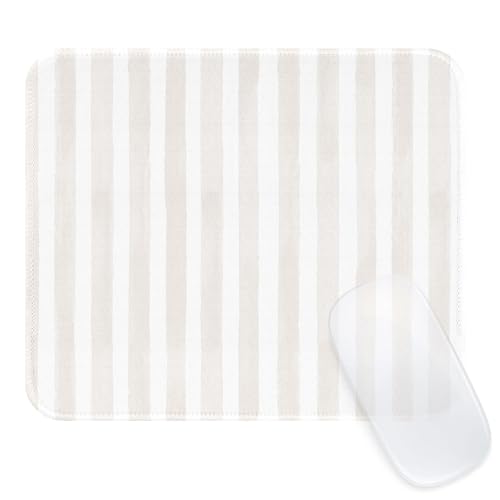 Ksriylm Square Cute Striped Mouse Pad with Stitched Edge, Premium Waterproof Cloth Aesthetic Small Mouse Mat, Non-Slip Rubber Base Simple Funny Mousepad Desk Accessories,Beige and White