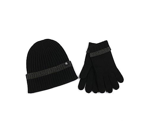 Calvin Klein Men's Bold Tipping Rib Cuff Hat and Glove Set, Black Beauty/Gunmetal Heather