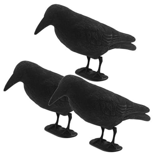 GUGULUZA Crow Decoys Full Body Plastic Crow Decoy for Hunting, Black Flocked Crow Decoy w/Feet Stake for Halloween Decor Yard Garden Decoration (Flocking Crow 3-Pack)