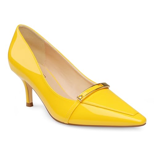 COLETER Women's Kitten Heels Pointed Toe Low Heel Pumps Comfortable Office Wedding Dress Shoes Yellow Patent 6US