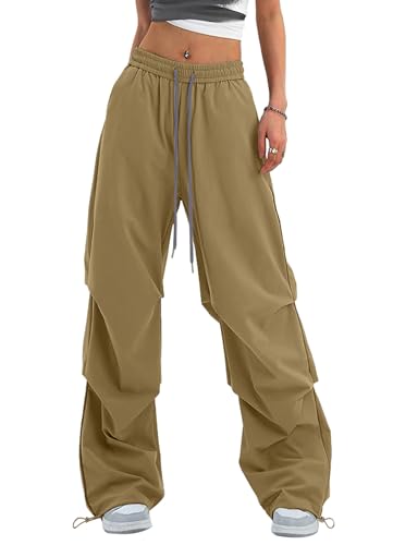 Bakyarder Women's Casual Parachute Pants Y2K Baggy Hiking Pants Lightweight Drawstring Elastic Waist Trousers Streetwear Reflective Strips Pants Dark Khaki Large