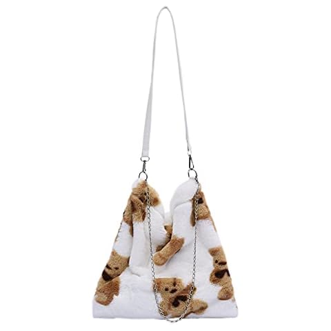 Plush Fluffy Tote Bag Large Capacity Fluffy Underarm Bag With Chain Flower Bear Print Fluffy Bag Casual Handbags & Shoulder Bags For Women Ladies Girls Cover