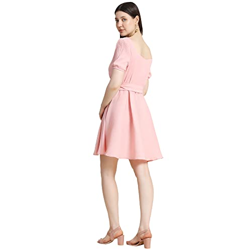 Image of KERI PERRY Women's Peach Cotton Blend Solid Fit & Flared Western Dress | Dress for Women | A line Dress | Winter Dress | Western Dress | Women Dress | Trendy Dress | Midi Dress
