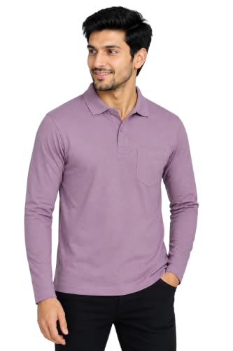 Image of CAMEY Men's Plain Solid Long Sleeve Polo T-Shirt | Regular Fit | Collared Casual Cotton Blend Tee with Chest Pocket | Everyday Comfort Wear