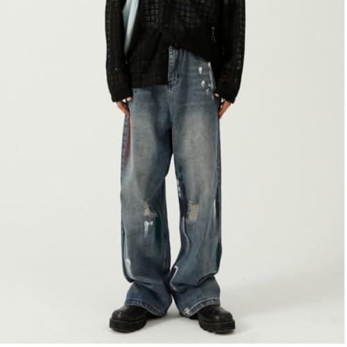 Men's Ripped Hip Hop Skater Trousers Baggy Y2k Printed Jeans Vintage Streetwear3