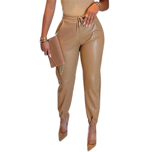 YIYELIY Pantalones de Cuero PU Mujer, Marrón, M