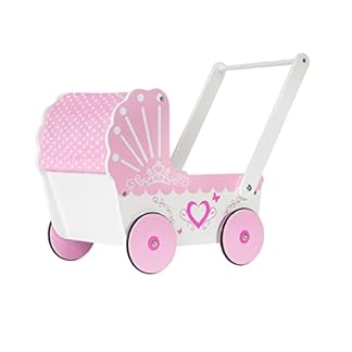 Mamabrum Holzpuppenwagen & Lauflernwagen Set, Retro Kinderwagen mit Anti-Rutsch-Rädern, Holz Walker für Mädchen - Rosa Puppenwagen, 47 x 26,5 x 40 cm (2 Funktionen)